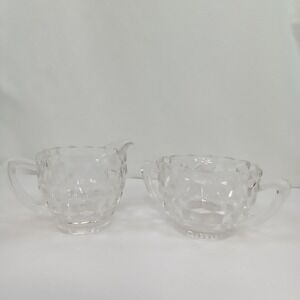 Fostoria American Clear Glass Creamer and Sugar Bowl Set Cube Pattern Vintage